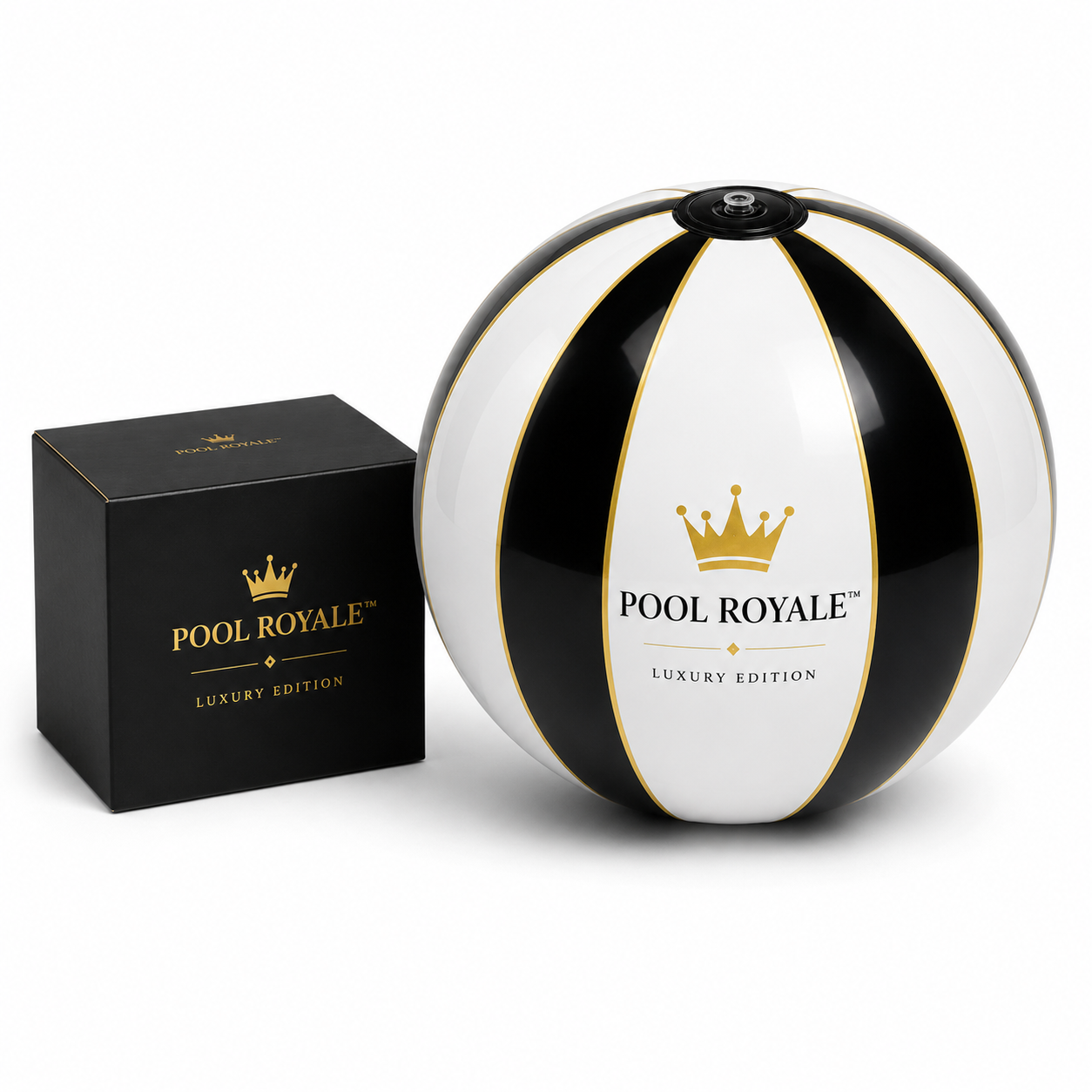 Ballon de plage POOL ROYALE™ Luxury Edition noir, blanc et or 24K avec boîte premium.

