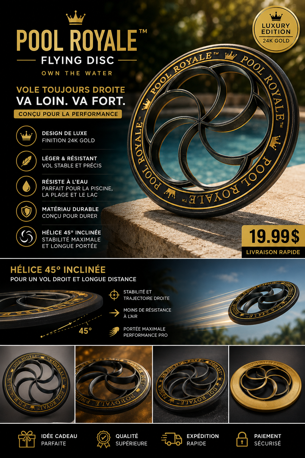 POOL ROYALE™ Flying Disc – Édition Luxury 24K Gold | 19,99 $