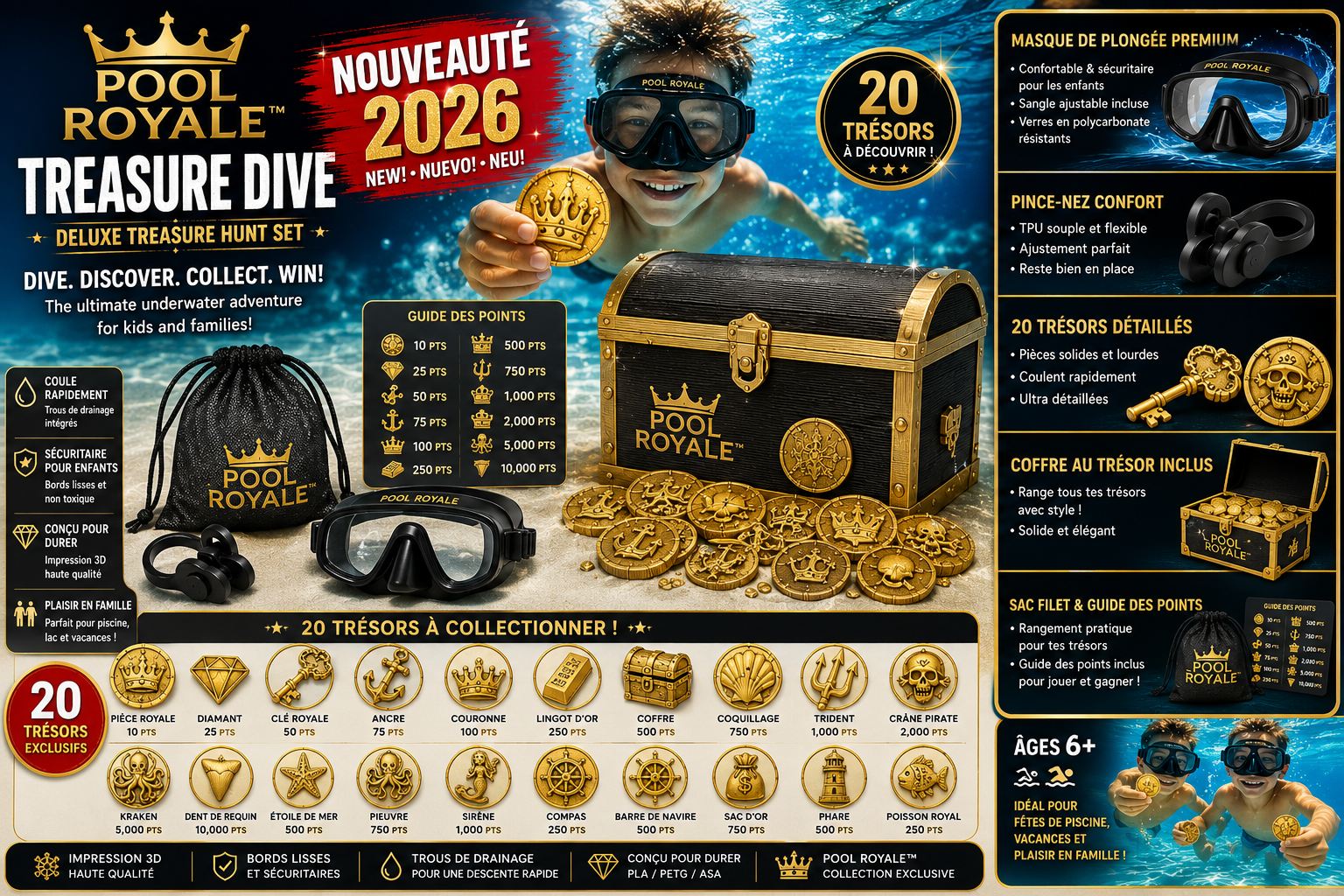 🏴‍☠️ POOL ROYALE™ Treasure Dive – Deluxe Pool Treasure Hunt Game | Premium Diving Toys for Kids